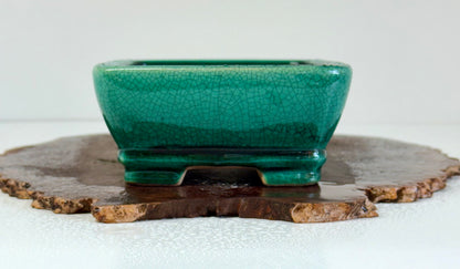 Chinese Yixing Bonsai Pot | Rectangle Crackled/ Inked Green Glaze – 17.5cm