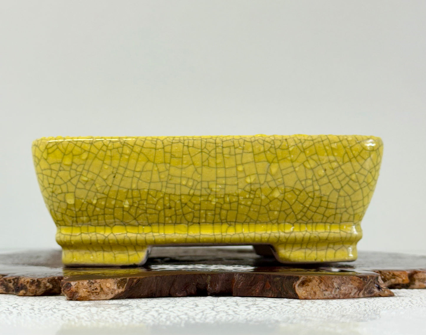 Chinese Yixing Bonsai Pot | Rectangle Crackled/ Inked Yellow Glaze – 17.5cm