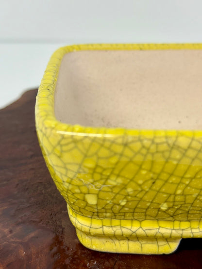 Chinese Yixing Bonsai Pot | Rectangle Crackled/ Inked Yellow Glaze – 17.5cm