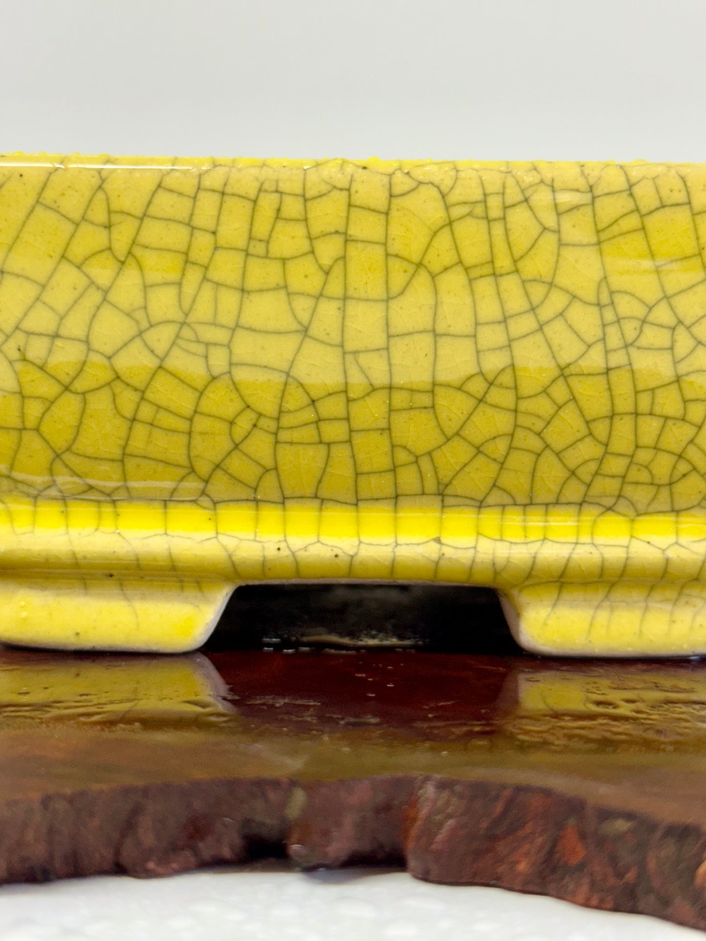 Chinese Yixing Bonsai Pot | Rectangle Crackled/ Inked Yellow Glaze – 17.5cm