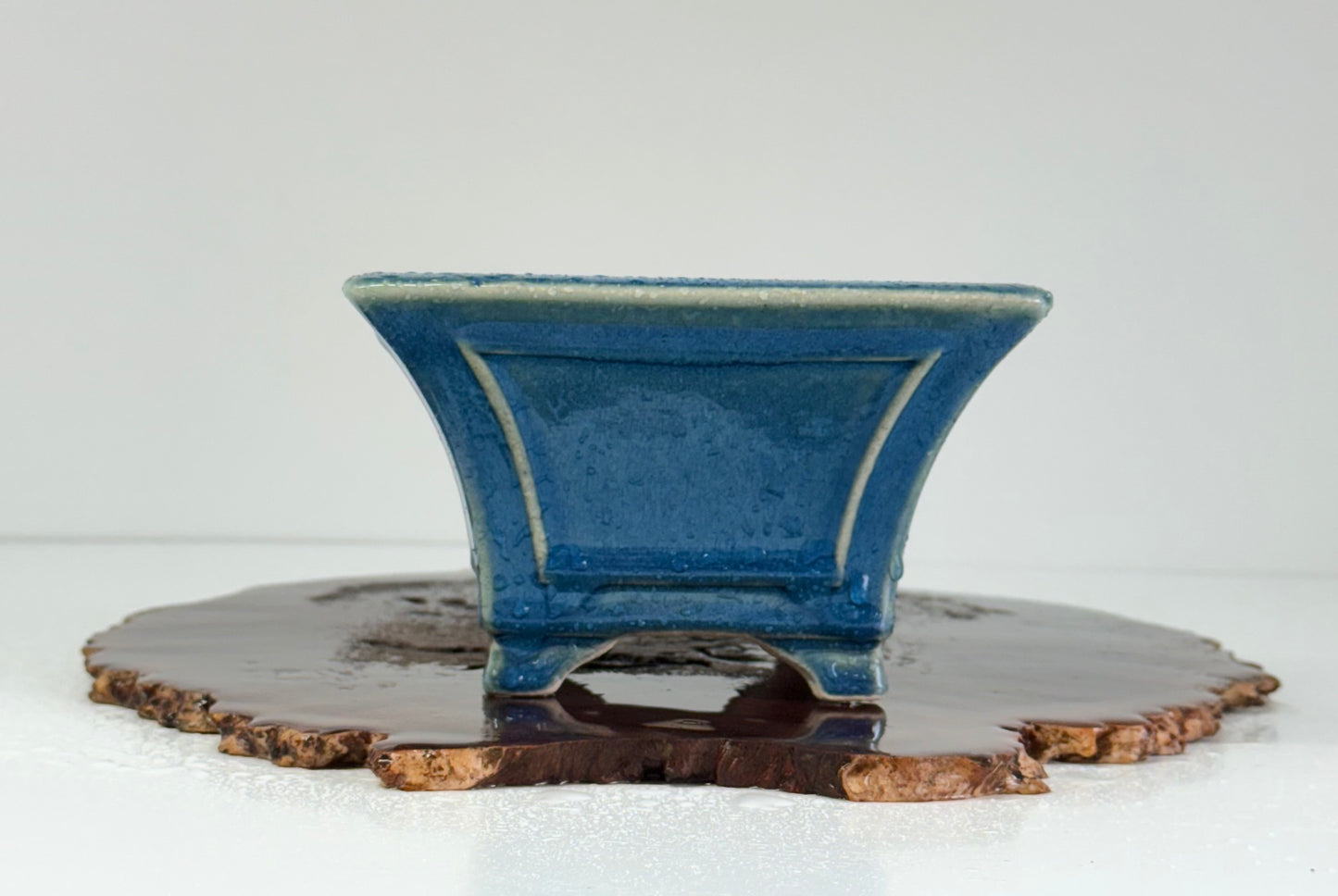Chinese Yixing Bonsai Pot | Square Fluted Blue Glaze – 15 cm