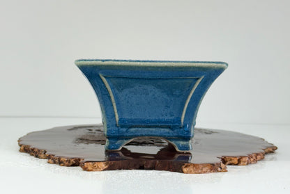 Chinese Yixing Bonsai Pot | Square Fluted Blue Glaze – 15 cm