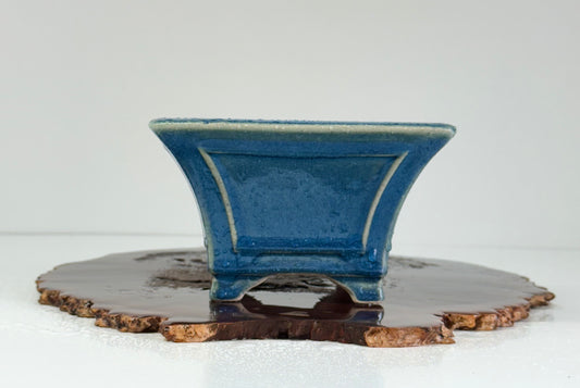 Chinese Yixing Bonsai Pot | Square Fluted Blue Glaze – 15 cm