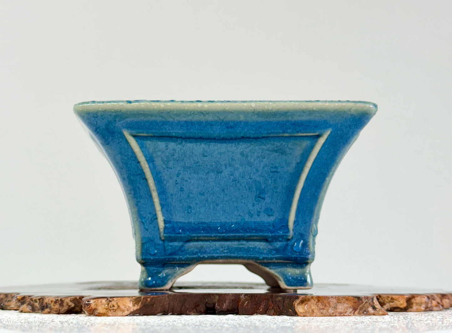 Chinese Yixing Bonsai Pot | Square Fluted Blue Glaze – 15 cm
