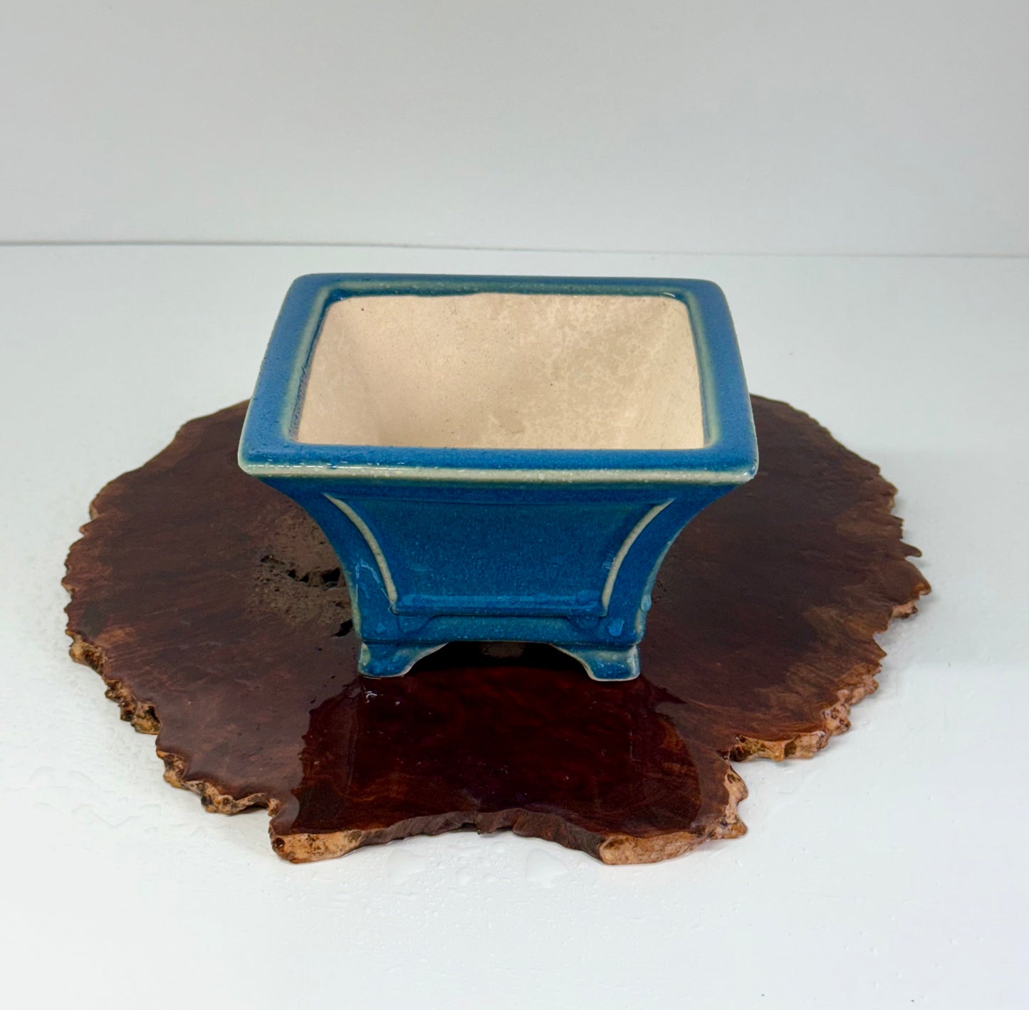 Chinese Yixing Bonsai Pot | Square Fluted Blue Glaze – 15 cm