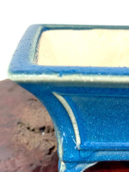 Chinese Yixing Bonsai Pot | Square Fluted Blue Glaze – 15 cm