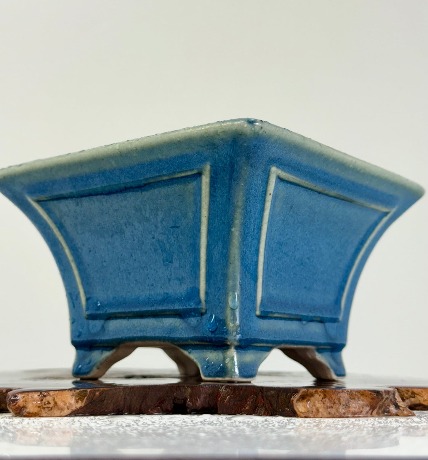 Chinese Yixing Bonsai Pot | Square Fluted Blue Glaze – 15 cm