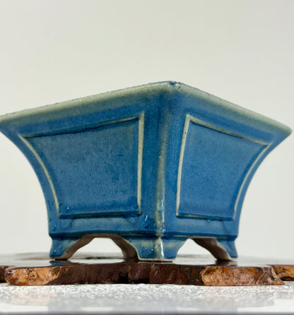 Chinese Yixing Bonsai Pot | Square Fluted Blue Glaze – 15 cm
