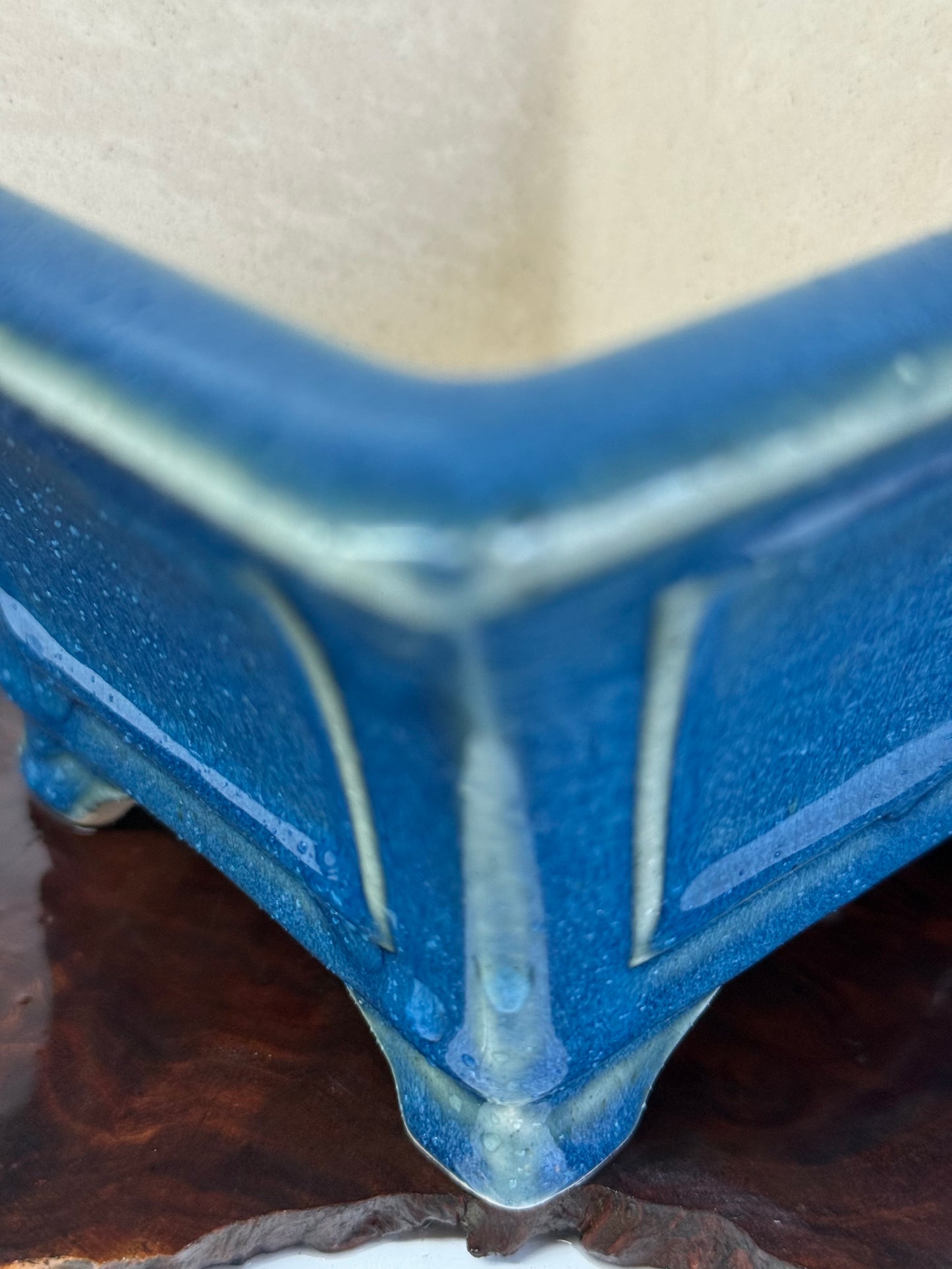 Chinese Yixing Bonsai Pot | Square Fluted Blue Glaze – 15 cm