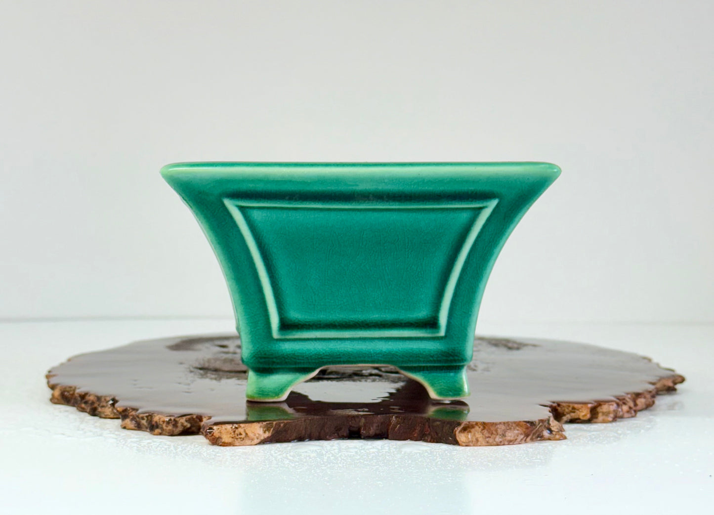 Chinese Yixing Bonsai Pot | Square Fluted Green Glaze – 15 cm