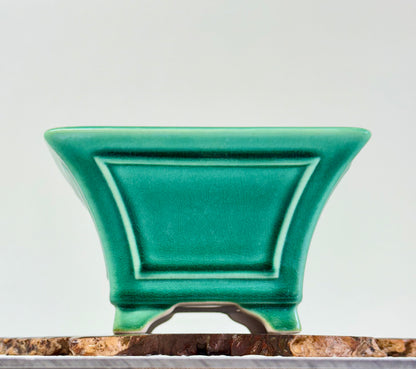 Chinese Yixing Bonsai Pot | Square Fluted Green Glaze – 15 cm