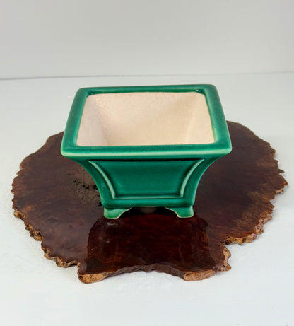 Chinese Yixing Bonsai Pot | Square Fluted Green Glaze – 15 cm