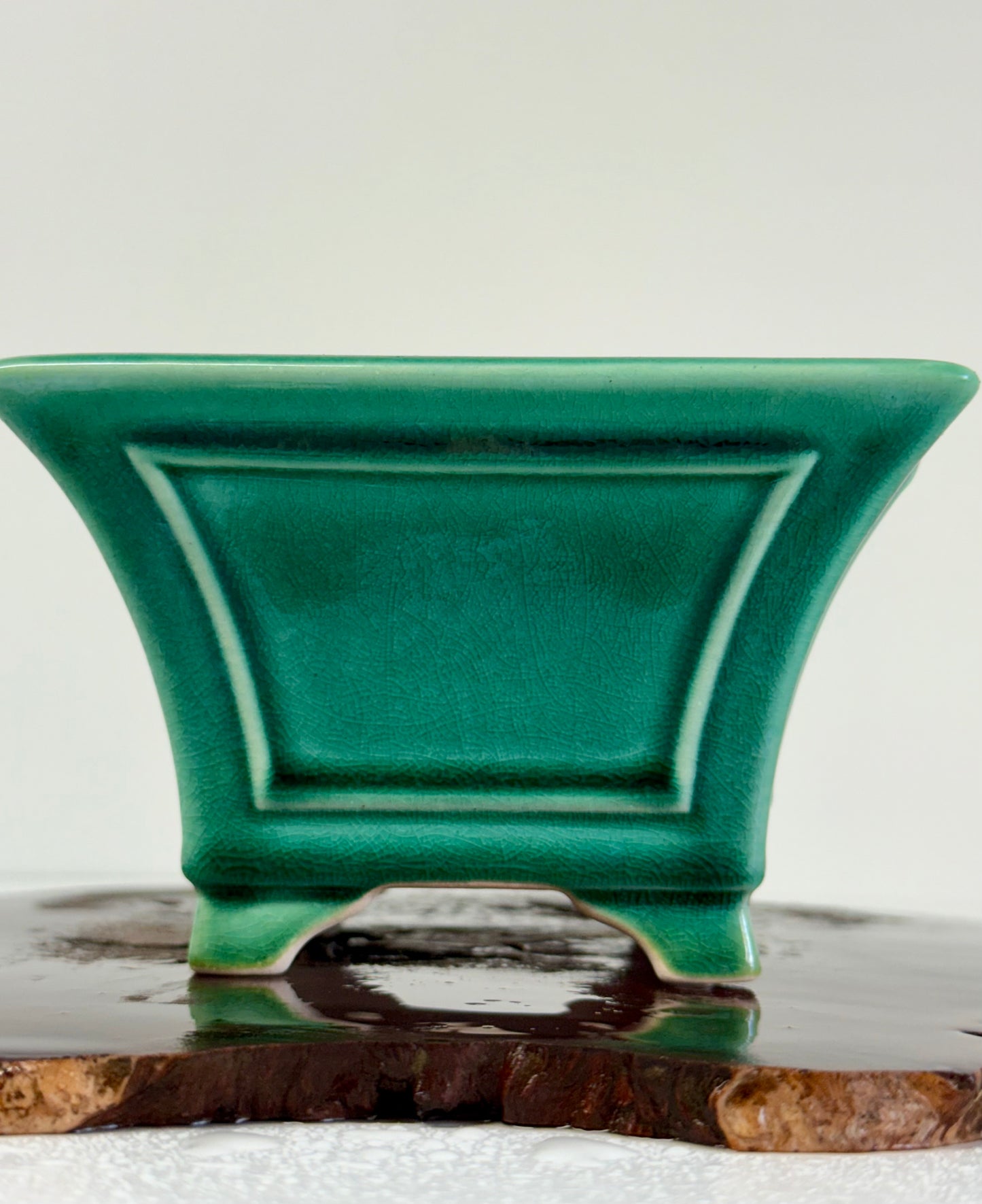 Chinese Yixing Bonsai Pot | Square Fluted Green Glaze – 15 cm