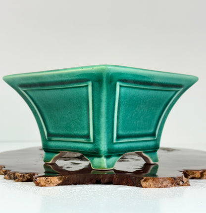 Chinese Yixing Bonsai Pot | Square Fluted Green Glaze – 15 cm
