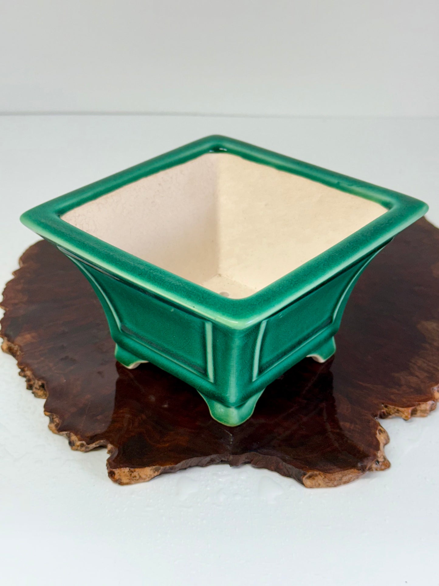 Chinese Yixing Bonsai Pot | Square Fluted Green Glaze – 15 cm