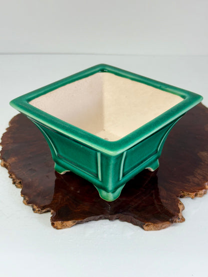 Chinese Yixing Bonsai Pot | Square Fluted Green Glaze – 15 cm