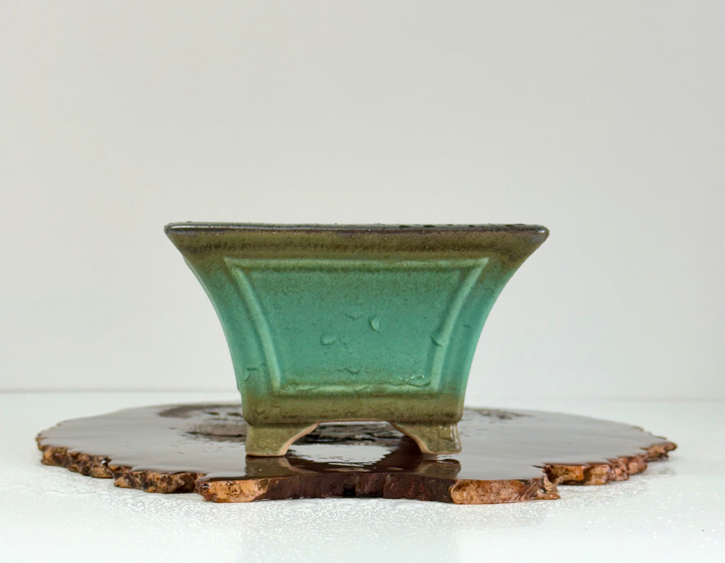 Chinese Yixing Bonsai Pot | Square Fluted Faded Green Glaze – 15 cm