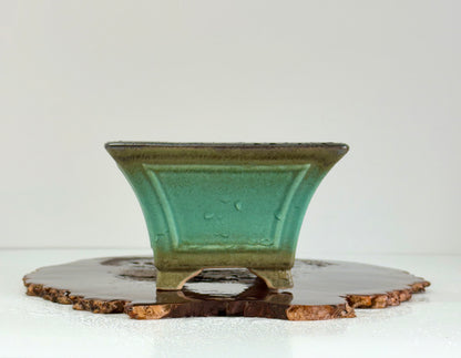 Chinese Yixing Bonsai Pot | Square Fluted Faded Green Glaze – 15 cm