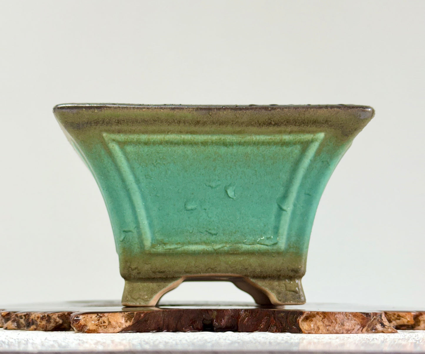 Chinese Yixing Bonsai Pot | Square Fluted Faded Green Glaze – 15 cm