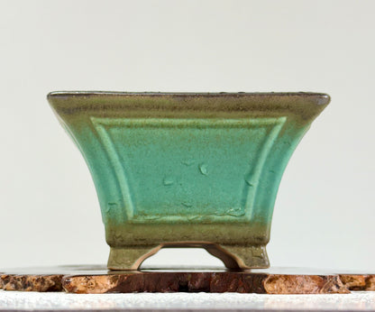 Chinese Yixing Bonsai Pot | Square Fluted Faded Green Glaze – 15 cm