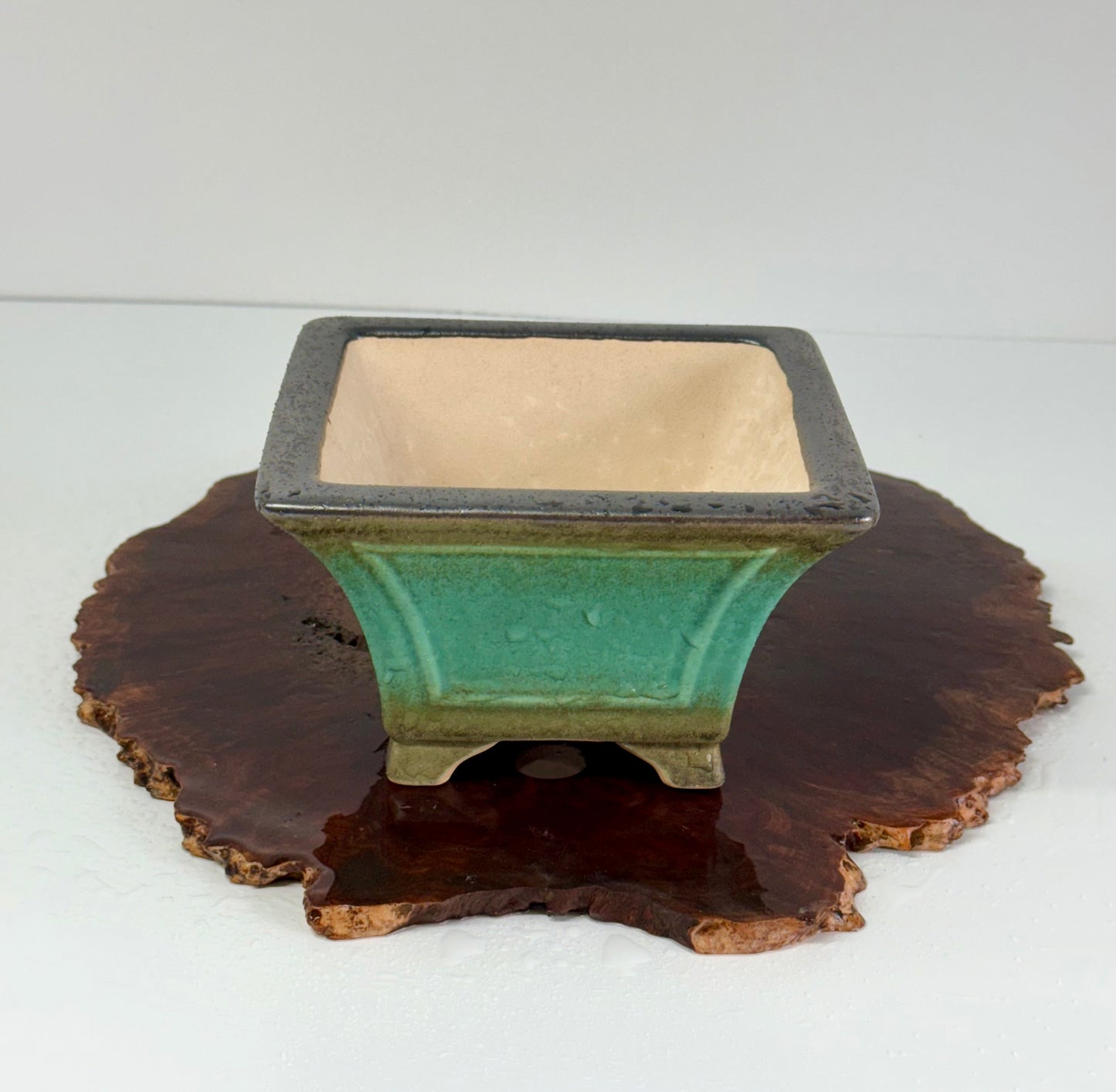 Chinese Yixing Bonsai Pot | Square Fluted Faded Green Glaze – 15 cm