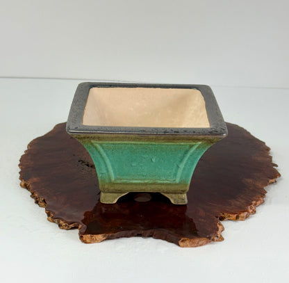 Chinese Yixing Bonsai Pot | Square Fluted Faded Green Glaze – 15 cm