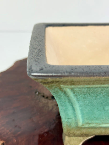 Chinese Yixing Bonsai Pot | Square Fluted Faded Green Glaze – 15 cm