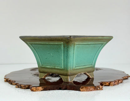 Chinese Yixing Bonsai Pot | Square Fluted Faded Green Glaze – 15 cm