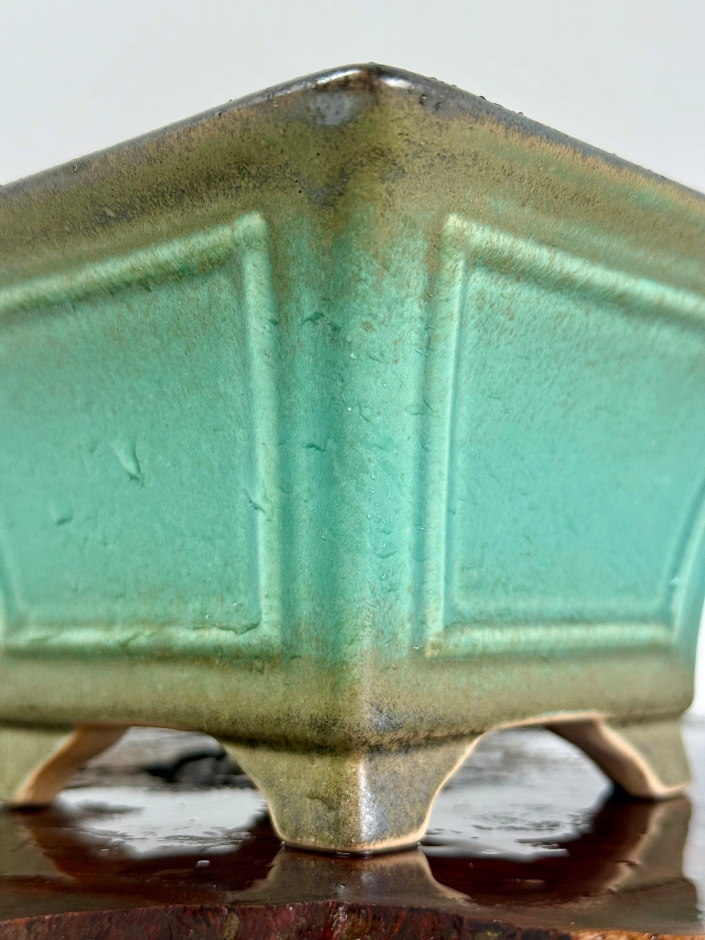 Chinese Yixing Bonsai Pot | Square Fluted Faded Green Glaze – 15 cm