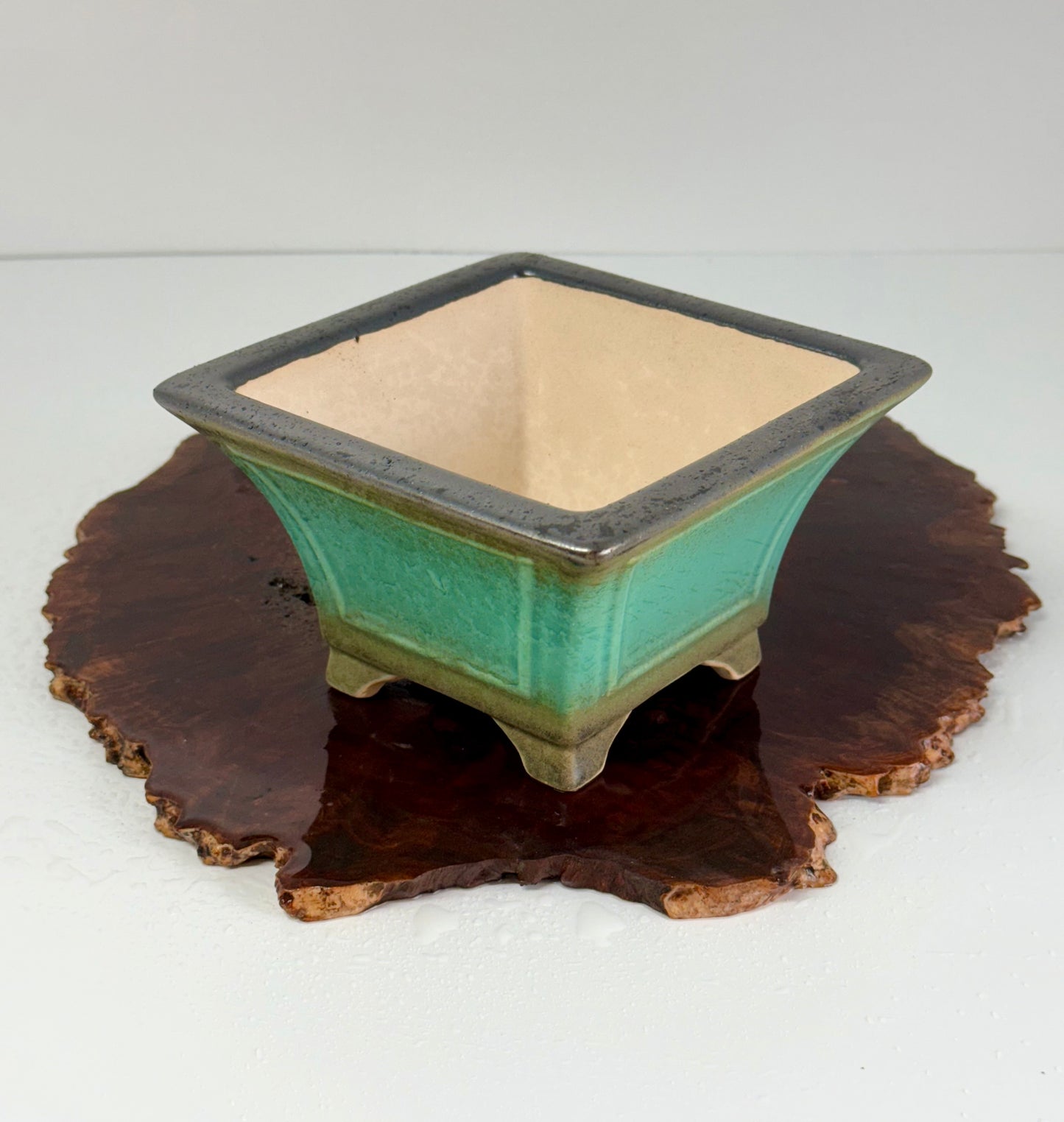 Chinese Yixing Bonsai Pot | Square Fluted Faded Green Glaze – 15 cm