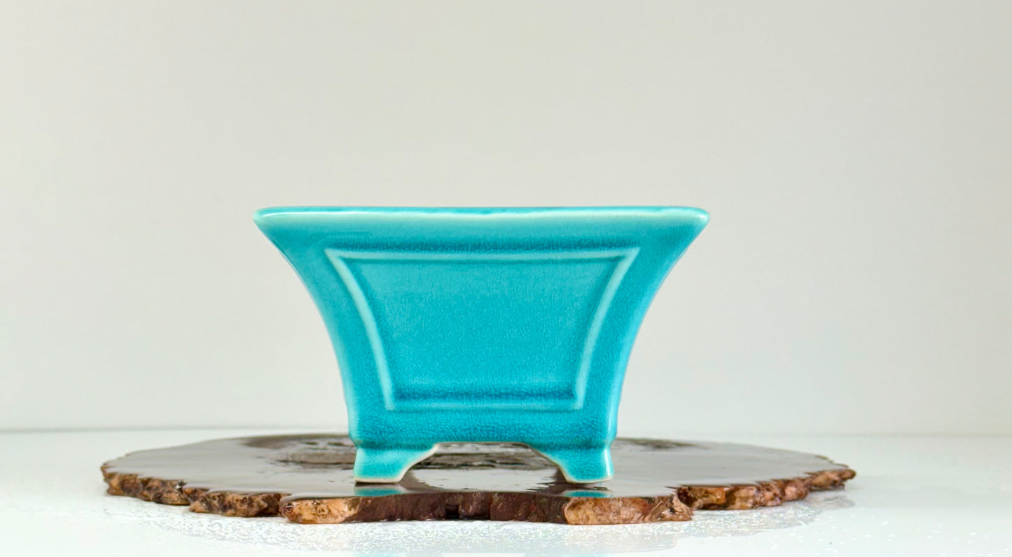 Chinese Yixing Bonsai Pot | Square Fluted Turquoise Glaze – 15 cm