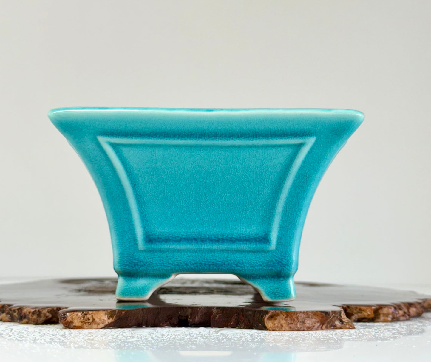 Chinese Yixing Bonsai Pot | Square Fluted Turquoise Glaze – 15 cm