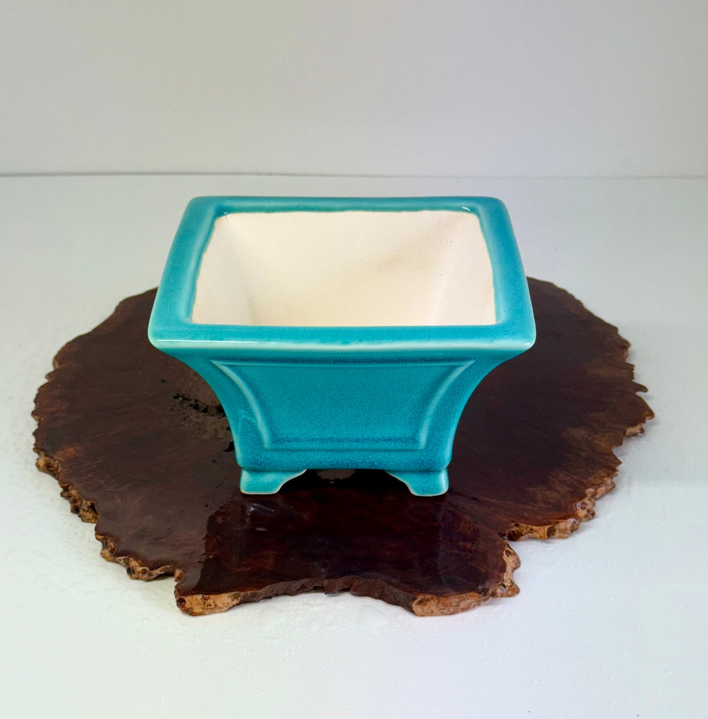 Chinese Yixing Bonsai Pot | Square Fluted Turquoise Glaze – 15 cm