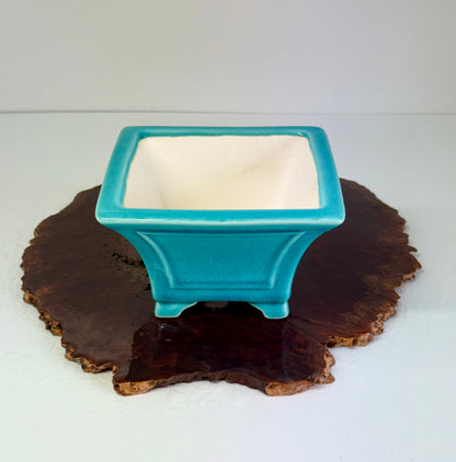 Chinese Yixing Bonsai Pot | Square Fluted Turquoise Glaze – 15 cm