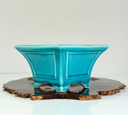 Chinese Yixing Bonsai Pot | Square Fluted Turquoise Glaze – 15 cm