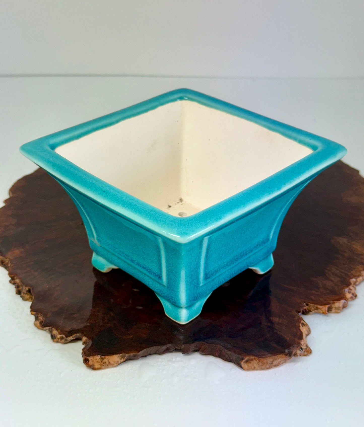 Chinese Yixing Bonsai Pot | Square Fluted Turquoise Glaze – 15 cm