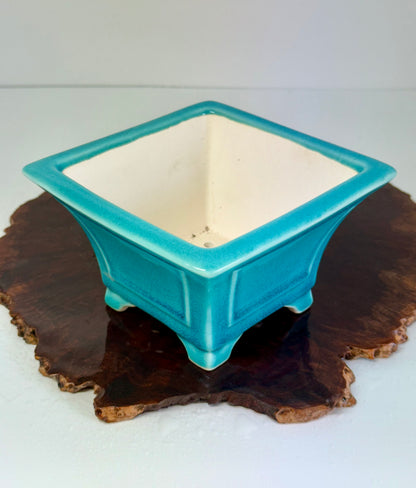 Chinese Yixing Bonsai Pot | Square Fluted Turquoise Glaze – 15 cm