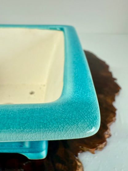 Chinese Yixing Bonsai Pot | Square Fluted Turquoise Glaze – 15 cm