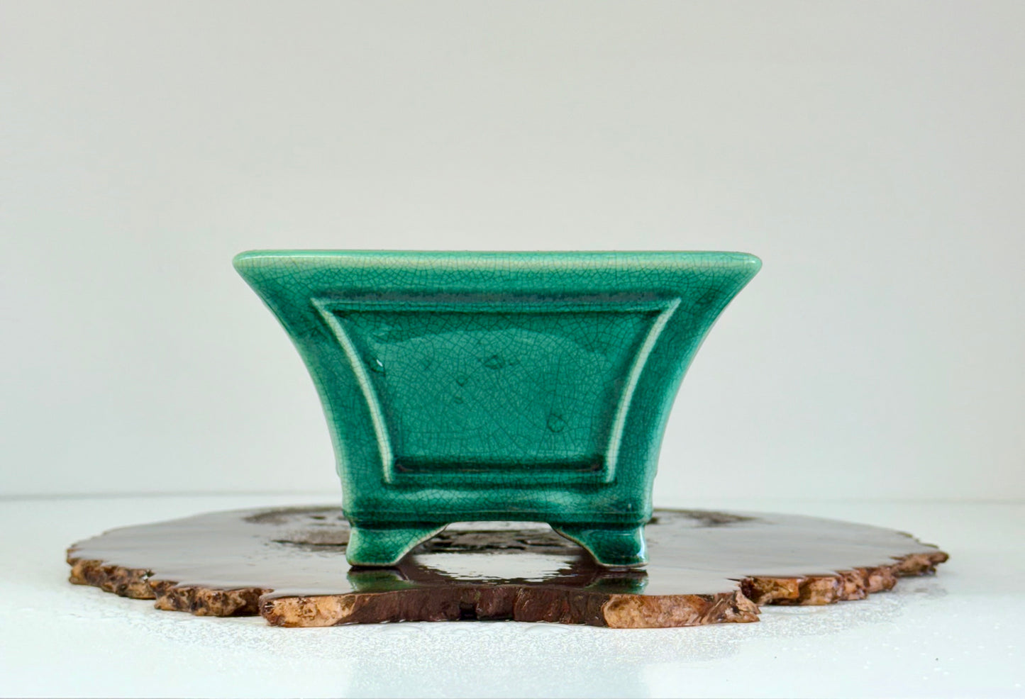Chinese Yixing Bonsai Pot | Square Fluted Green Crackled / Inked Glaze – 15 cm