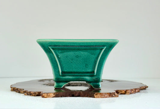 Chinese Yixing Bonsai Pot | Square Fluted Green Crackled / Inked Glaze – 15 cm