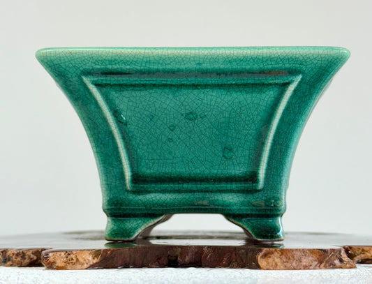 Chinese Yixing Bonsai Pot | Square Fluted Green Crackled / Inked Glaze – 15 cm