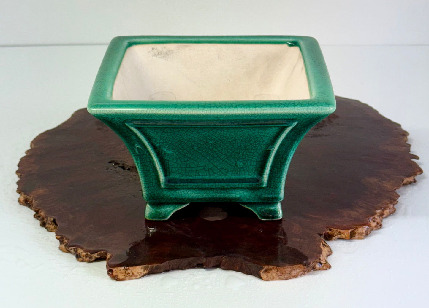 Chinese Yixing Bonsai Pot | Square Fluted Green Crackled / Inked Glaze – 15 cm