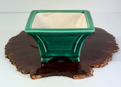 Chinese Yixing Bonsai Pot | Square Fluted Green Crackled / Inked Glaze – 15 cm