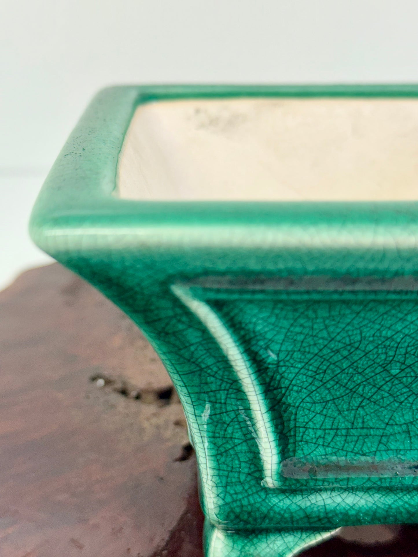 Chinese Yixing Bonsai Pot | Square Fluted Green Crackled / Inked Glaze – 15 cm