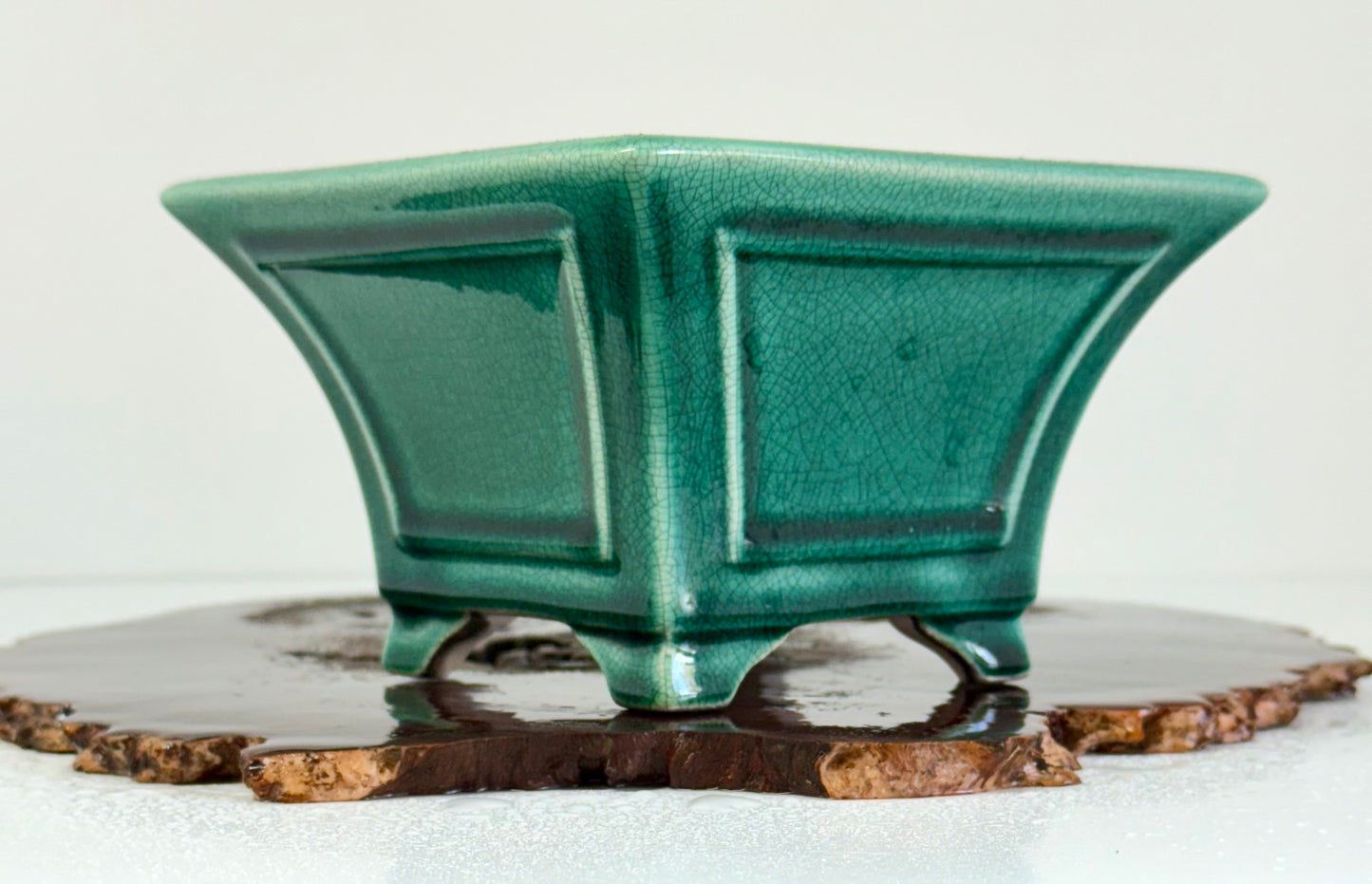 Chinese Yixing Bonsai Pot | Square Fluted Green Crackled / Inked Glaze – 15 cm