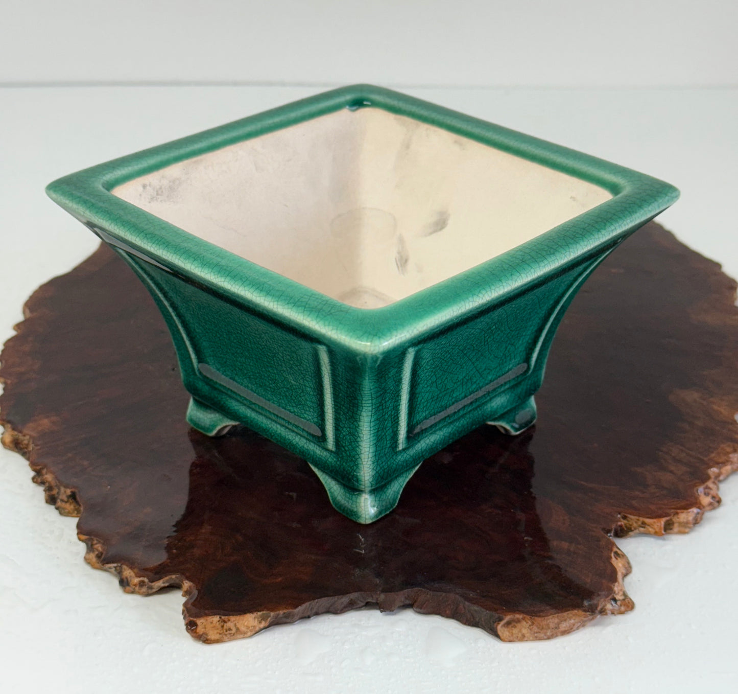 Chinese Yixing Bonsai Pot | Square Fluted Green Crackled / Inked Glaze – 15 cm