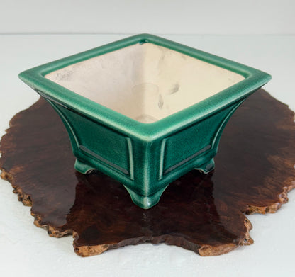 Chinese Yixing Bonsai Pot | Square Fluted Green Crackled / Inked Glaze – 15 cm