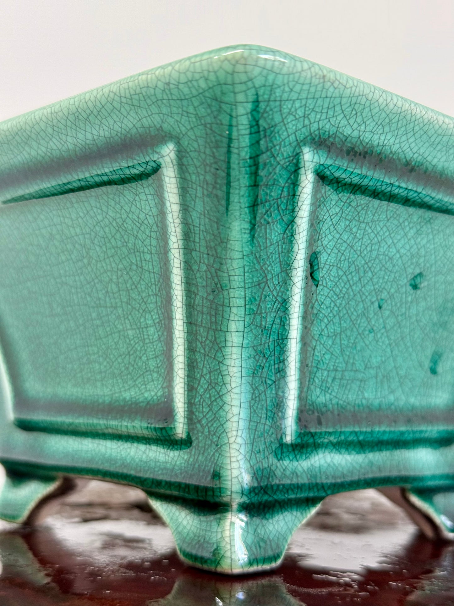 Chinese Yixing Bonsai Pot | Square Fluted Green Crackled / Inked Glaze – 15 cm