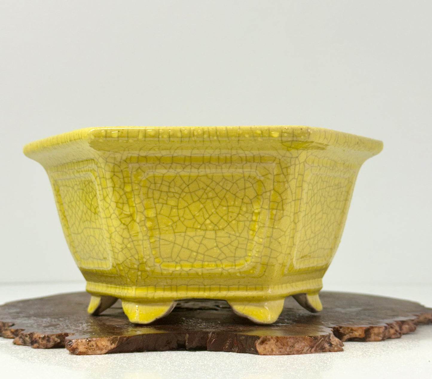 Chinese Yixing Bonsai Pot | Hexagon Yellow Crackled / Inked Glaze – 21 cm