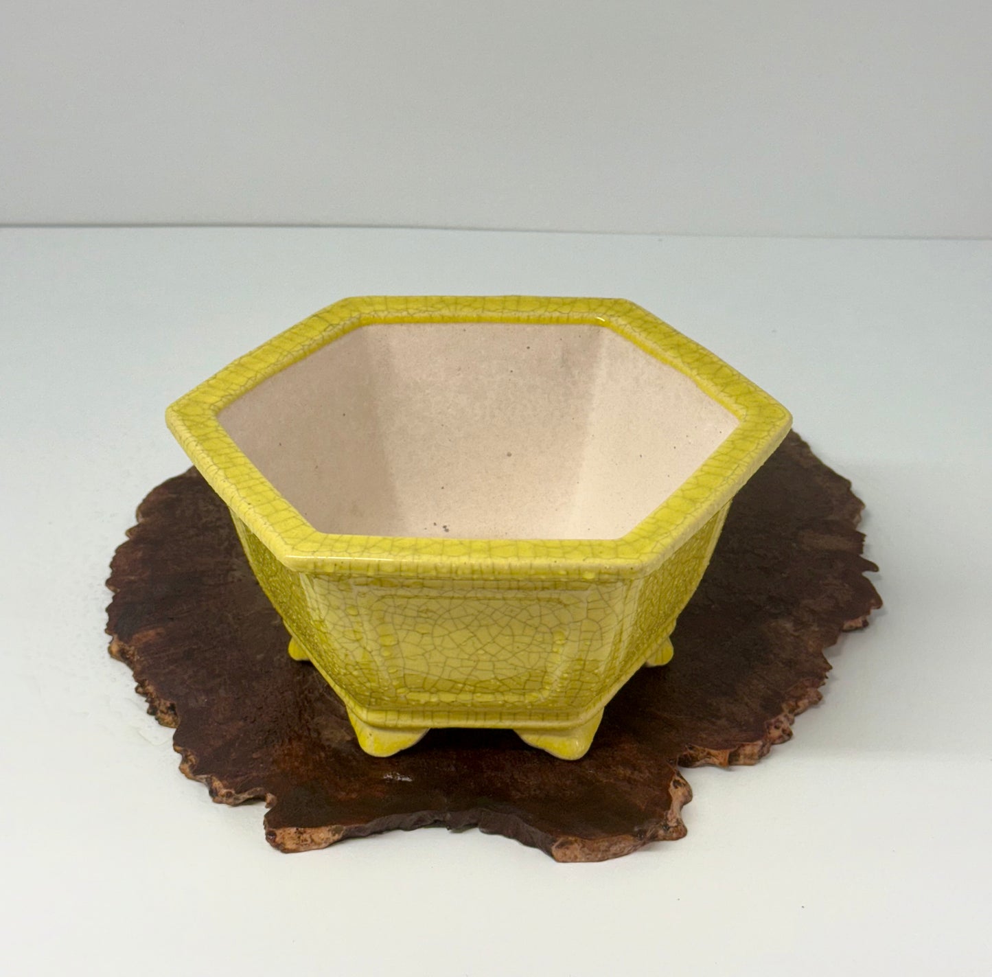 Chinese Yixing Bonsai Pot | Hexagon Yellow Crackled / Inked Glaze – 21 cm